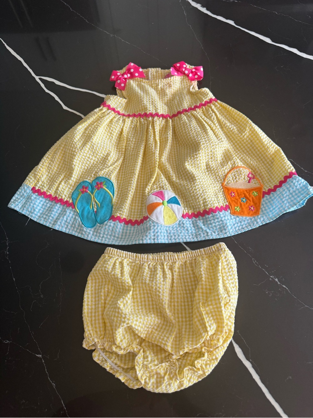 Good Lad Yellow Gingham Beach Appliqué Dress with Pink Trim